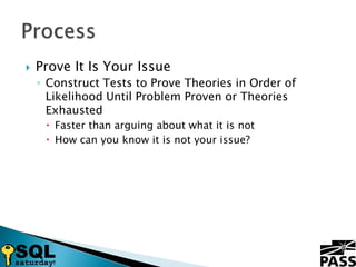 Prove It Is Your IssueConstruct Tests to Prove Theories in Order of Likelihood Until Problem Proven or Theories ExhaustedFaster than arguing about what it is notHow can you know it is not your issue?Process