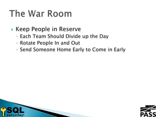 Keep People in ReserveEach Team Should Divide up the DayRotate People In and OutSend Someone Home Early to Come in EarlyThe War Room