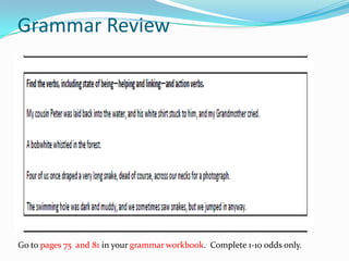 Grammar Review




Go to pages 75 and 81 in your grammar workbook. Complete 1-10 odds only.
 