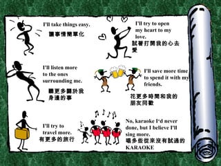 I'll take things   easy. I'll try to open  my heart to my love. I'll listen more to the ones surrounding me. I'll save more time to spend it with my friends. I'll try to travel  m ore. No, karaoke I‘d never done, but I believe I'll sing more. 唱多些從來沒有試過的   KARAOKE 讓事情簡單化 試著打開我的心去愛 聽更多關於我身邊的事 花更多時間和我的朋友同歡 有更多的旅行 