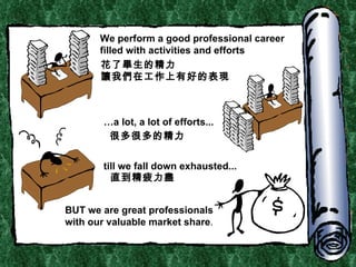 We perform a good professional career filled with activit ies  and efforts … a lot, a lot of efforts... till we fall down exhausted... BUT we are great professionals with our valuable market share . 花了畢生的精力 讓我們在工作上有好的表現 很多很多的精力 直到精疲力盡 