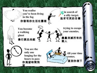 You realise you’ve been living in the fog in search of a silly target. You become  a walking ghost trying to escape your enemies. You are the  only one longing for the hours to pass till your time comes. 你發現你生活在霧裡 追求可笑的目標 像行屍走肉般 盡量消滅所有的敵人 你渴望時間飛逝 直到你倒下 
