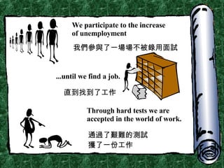 We participate to the increase  of unemployment ...until we find a job. Through hard tests we are accepted in the world of work. 我們參與了一場場不被錄用面試 直到找到了工作 通過了艱難的測試獲了一份工作 