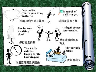 You realise you’ve been living in the fog in search of a silly target. You become  a walking ghost trying to escape your enemies. You are the  only one longing for the hours to pass till your time comes. 你發現你生活在霧裡 追求可笑的目標 像行屍走肉般 想要消滅所有的敵人 你渴望時間趕快過去 直到你倒下 