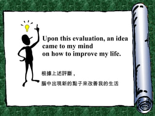 Upon this evaluation, an idea came to my mind  on how to improve my life. 根據上述評斷 , 腦中出現新的點子來改善我的生活 