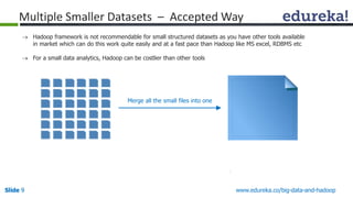 Slide9 
www.edureka.co/big-data-and-hadoop 
Hadoop framework is not recommendable for small structured datasets as you have other tools available in the market which can do this work quite easily and at a fast pace than Hadoop like MS excel, RDBMS etc. 
For a small data analytics, Hadoop can be costlier than other tools 
Merge all the small files into one 
Multiple Smaller Datasets –Accepted Way  