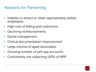 Reasons for Partnering

• Inability to attract or retain appropriately skilled
  employees
• High cost of billing and collections
• Declining reimbursements
• Denial management
• Clinical documentation improvement
• Large volume of aged receivables
• Growing number of self-pay accounts
• Consistently not collecting 100% of NPR


2
 