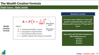 Twitter - @niteen_india
The Wealth Creation Formula
13
Right Focus – Right results
If a horse covers 10kms in 1 hour and
speed is maintained then how much
distance will it cover in 2nd hour and 3rd
hour?
How much will ₹10 lakh invested at a
26% CAGR grow to in
- 10 years
- 20 years
- 30 years
Question to answer
Wealth
Creation
Formula
What investors
focus on
What investors
ignore
 