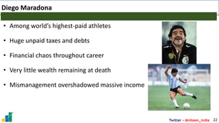 Twitter - @niteen_india
Diego Maradona
22
• Among world’s highest-paid athletes
• Huge unpaid taxes and debts
• Financial chaos throughout career
• Very little wealth remaining at death
• Mismanagement overshadowed massive income
 