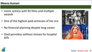 Twitter - @niteen_india
Meena Kumari
26
• Iconic actress with 92 films and multiple
awards
• One of the highest paid actresses of her era
• No financial planning despite long career
• Died penniless without money for hospital
bills
 