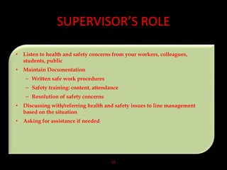 SUPERVISOR’S ROLE
13
• Listen to health and safety concerns from your workers, colleagues,
students, public
• Maintain Documentation
– Written safe work procedures
– Safety training: content, attendance
– Resolution of safety concerns
• Discussing with/referring health and safety issues to line management
based on the situation
• Asking for assistance if needed
 