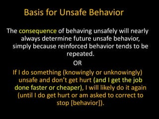 Basis for Unsafe Behavior
The consequence of behaving unsafely will nearly
always determine future unsafe behavior,
simply because reinforced behavior tends to be
repeated.
OR
If I do something (knowingly or unknowingly)
unsafe and don’t get hurt (and I get the job
done faster or cheaper), I will likely do it again
(until I do get hurt or am asked to correct to
stop [behavior]).
 