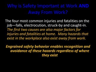 Why is Safety Important at Work AND
Away From Work?
The four most common injuries and fatalities on the
job—falls, electrocution, struck-by and caught-in.
The first two causes are also major factors for
injuries and fatalities at home. Many hazards that
exist in the workplace also exist away from work.
Engrained safety behavior enables recognition and
avoidance of these hazards regardless of where
they exist
 