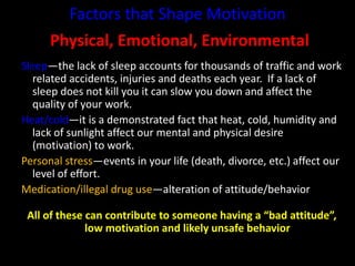 Factors that Shape Motivation
Physical, Emotional, Environmental
Sleep—the lack of sleep accounts for thousands of traffic and work
related accidents, injuries and deaths each year. If a lack of
sleep does not kill you it can slow you down and affect the
quality of your work.
Heat/cold—it is a demonstrated fact that heat, cold, humidity and
lack of sunlight affect our mental and physical desire
(motivation) to work.
Personal stress—events in your life (death, divorce, etc.) affect our
level of effort.
Medication/illegal drug use—alteration of attitude/behavior
All of these can contribute to someone having a “bad attitude”,
low motivation and likely unsafe behavior
 