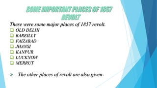SOMEIMPORTANTPLACESOF 1857
REVOLT
These were some major places of 1857 revolt.
 OLD DELHI
 BAREILLY
 FAIZABAD
 JHANSI
 KANPUR
 LUCKNOW
 MERRUT
 . The other places of revolt are also given-
 