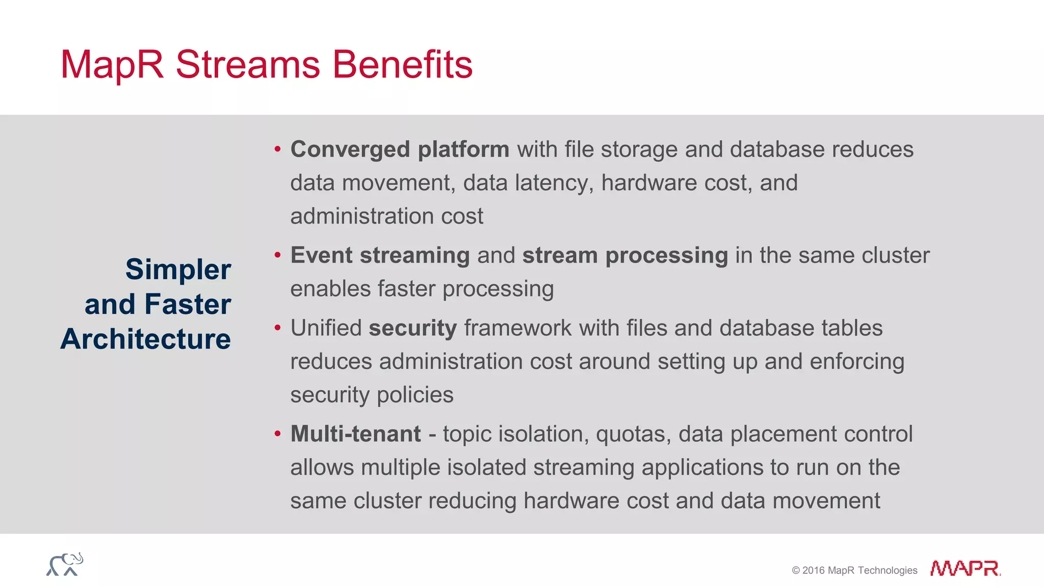 © 2016 MapR Technologies
MapR Streams Benefits
Simpler
and Faster
Architecture
• Converged platform with file storage and database reduces
data movement, data latency, hardware cost, and
administration cost
• Event streaming and stream processing in the same cluster
enables faster processing
• Unified security framework with files and database tables
reduces administration cost around setting up and enforcing
security policies
• Multi-tenant - topic isolation, quotas, data placement control
allows multiple isolated streaming applications to run on the
same cluster reducing hardware cost and data movement
 