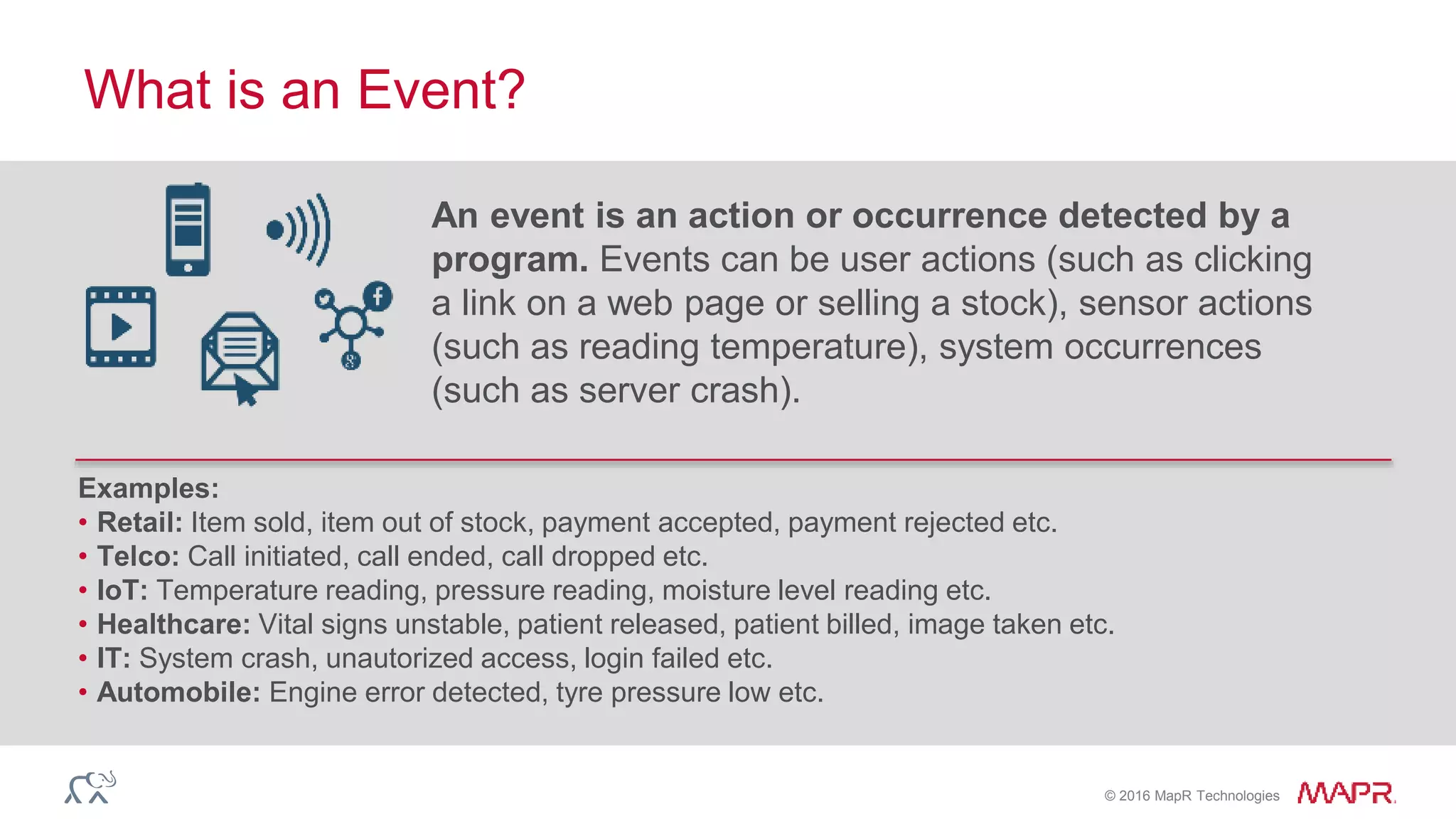 © 2016 MapR Technologies
What is an Event?
An event is an action or occurrence detected by a
program. Events can be user actions (such as clicking
a link on a web page or selling a stock), sensor actions
(such as reading temperature), system occurrences
(such as server crash).
Examples:
• Retail: Item sold, item out of stock, payment accepted, payment rejected etc.
• Telco: Call initiated, call ended, call dropped etc.
• IoT: Temperature reading, pressure reading, moisture level reading etc.
• Healthcare: Vital signs unstable, patient released, patient billed, image taken etc.
• IT: System crash, unautorized access, login failed etc.
• Automobile: Engine error detected, tyre pressure low etc.
 