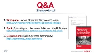 © 2016 MapR Technologies
Q&AEngage with us!
1. Whitepaper: When Streaming Becomes Strategic
https://www.mapr.com/when-streaming-becomes-strategic
2. Book: Streaming Architecture – Kafka and MapR Streams
https://www.mapr.com/streaming-architecture-using-apache-kafka-mapr-streams
3. Get Answers: MapR Converge Community:
https://community.mapr.com/news
 