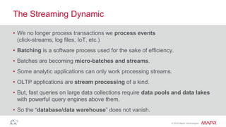 © 2016 MapR Technologies
• We no longer process transactions we process events
(click-streams, log files, IoT, etc.)
• Batching is a software process used for the sake of efficiency.
• Batches are becoming micro-batches and streams.
• Some analytic applications can only work processing streams.
• OLTP applications are stream processing of a kind.
• But, fast queries on large data collections require data pools and data lakes
with powerful query engines above them.
• So the “database/data warehouse” does not vanish.
The Streaming Dynamic
 