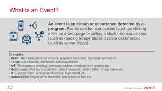 © 2016 MapR Technologies
What is an Event?
An event is an action or occurrence detected by a
program. Events can be user actions (such as clicking
a link on a web page or selling a stock), sensor actions
(such as reading temperature), system occurrences
(such as server crash).
Examples:
• Retail: Item sold, item out of stock, payment accepted, payment rejected etc.
• Telco: Call initiated, call ended, call dropped etc.
• IoT: Temperature reading, pressure reading, moisture level reading etc.
• Healthcare: Vital signs unstable, patient released, patient billed, image taken etc.
• IT: System crash, unautorized access, login failed etc.
• Automobile: Engine error detected, tyre pressure low etc.
 