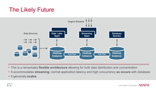 © 2016 MapR Technologies
The Likely Future
• This is a remarkably flexible architecture allowing for both data distribution and concentration
• It accommodates streaming, normal application latency and high concurrency as occurs with database
• It genuinely scales
Data Sources Database
Queries
Data Lake
Apps
Streaming
Apps
Hadoop
Instance
Hadoop
Instance
Hadoop
Instance
Fast Pipe Fast Pipe
Urgent Streams
 