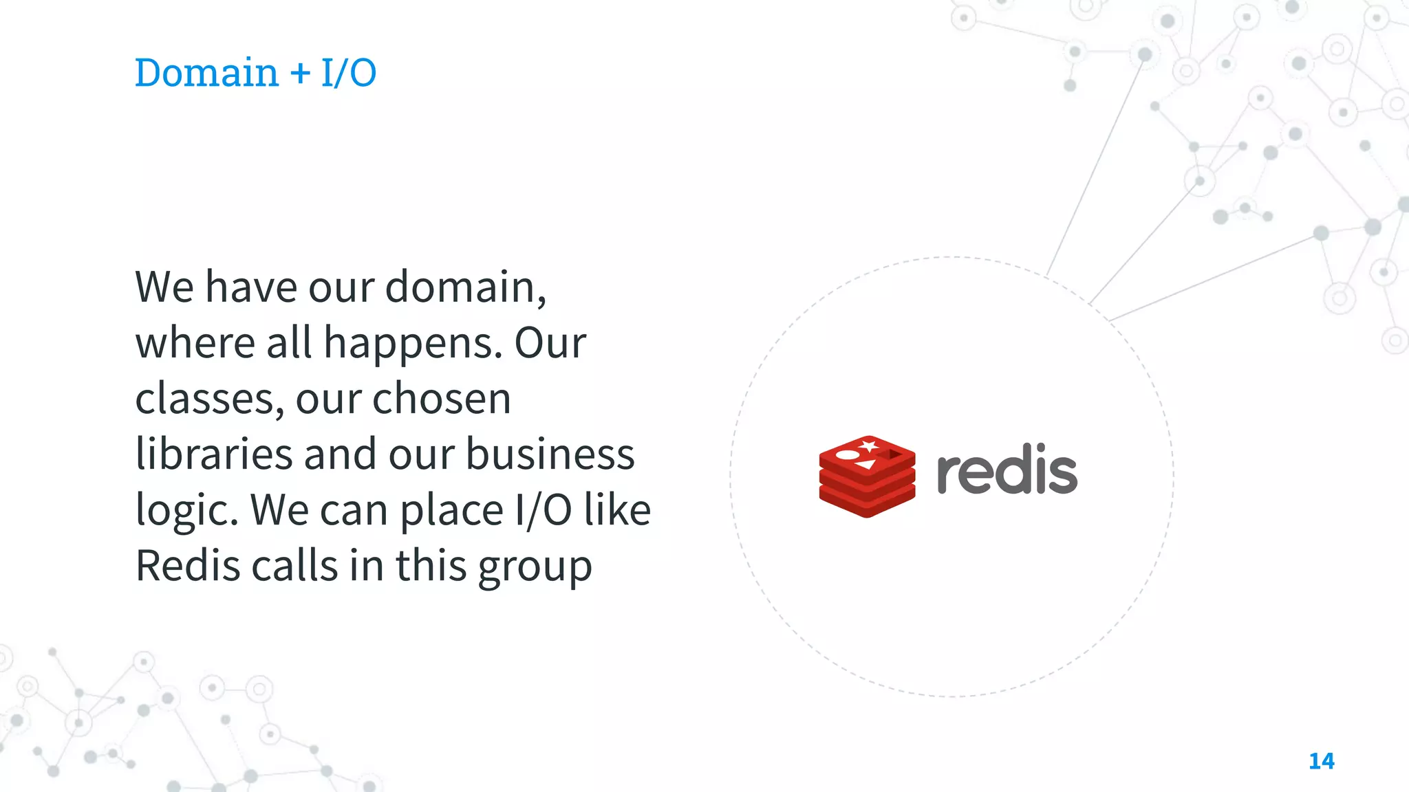 Domain + I/O
We have our domain,
where all happens. Our
classes, our chosen
libraries and our business
logic. We can place I/O like
Redis calls in this group
14
 