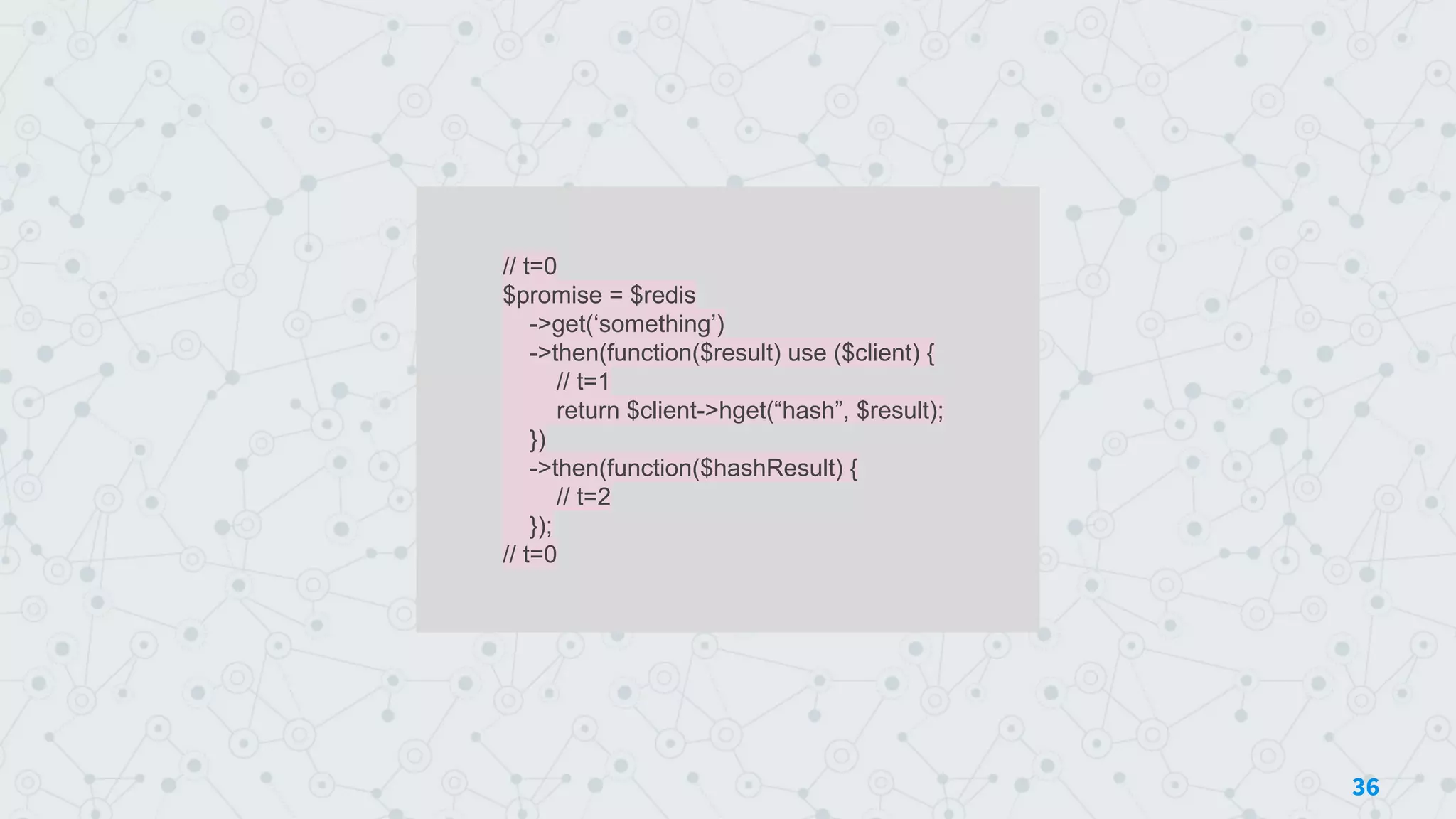 // t=0
$promise = $redis
->get(‘something’)
->then(function($result) use ($client) {
// t=1
return $client->hget(“hash”, $result);
})
->then(function($hashResult) {
// t=2
});
// t=0
36
 