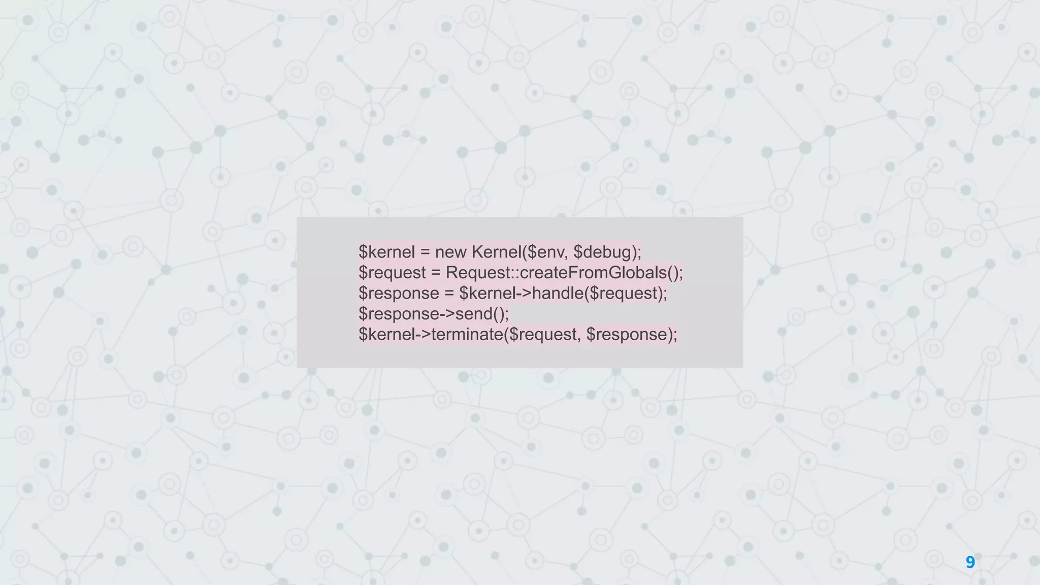 $kernel = new Kernel($env, $debug);
$request = Request::createFromGlobals();
$response = $kernel->handle($request);
$response->send();
$kernel->terminate($request, $response);
9
 