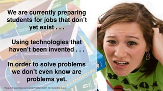 We are currently preparing
students for jobs that don’t
yet exist . . .
Using technologies that
haven’t been invented . . .
In order to solve problems
we don’t even know are
problems yet.
https://c2.staticﬂickr.com/4/3467/3372746317_561dc3c85b_b.jpg
 