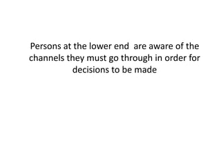 Persons at the lower end are aware of the
channels they must go through in order for
decisions to be made
 
