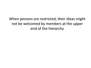 When persons are restricted, their ideas might
not be welcomed by members at the upper
end of the hierarchy
 