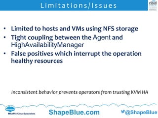 C l i c k t o e d i t
The Cloud Specialists ShapeBlue.com @ShapeBlue
• Limited to hosts and VMs using NFS storage
• Tight coupling between the Agent and
HighAvailabilityManager
• False positives which interrupt the operation
healthy resources
L i m i t a t i o n s / I s s u e s
Inconsistent behavior prevents operators from trusting KVM HA
 