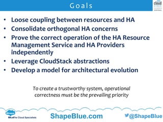 C l i c k t o e d i t
The Cloud Specialists ShapeBlue.com @ShapeBlue
• Loose coupling between resources and HA
• Consolidate orthogonal HA concerns
• Prove the correct operation of the HA Resource
Management Service and HA Providers
independently
• Leverage CloudStack abstractions
• Develop a model for architectural evolution
G o a l s
To create a trustworthy system, operational
correctness must be the prevailing priority
 