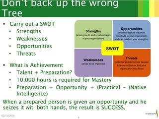 Don’t back up the wrong
Tree
 Carry out a SWOT
• Strengths
• Weaknesses
• Opportunities
• Threats
 What is Achievement
• Talent + Preparation?
• 10,000 hours is required for Mastery
• Preparation + Opportunity + (Practical – (Native
Intelligence)
When a prepared person is given an opportunity and he
seizes it wit both hands, the result is SUCCESS.
02/11/2016
9
 