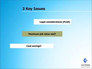 3 Key Issues
Legal considerations (FLSA)
Maximum job value real?
Cost savings?
 