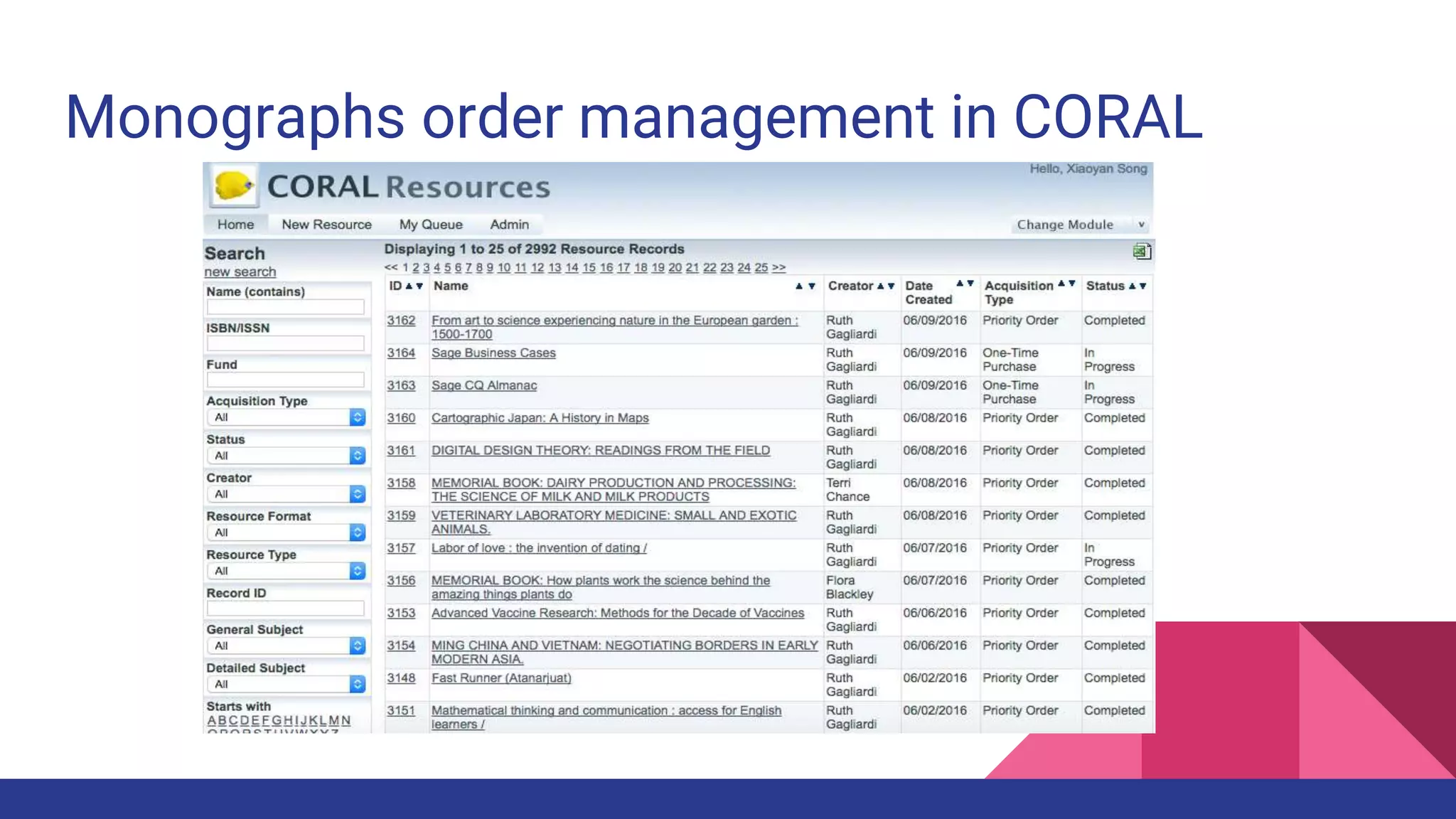 Monographs order management in CORAL
 