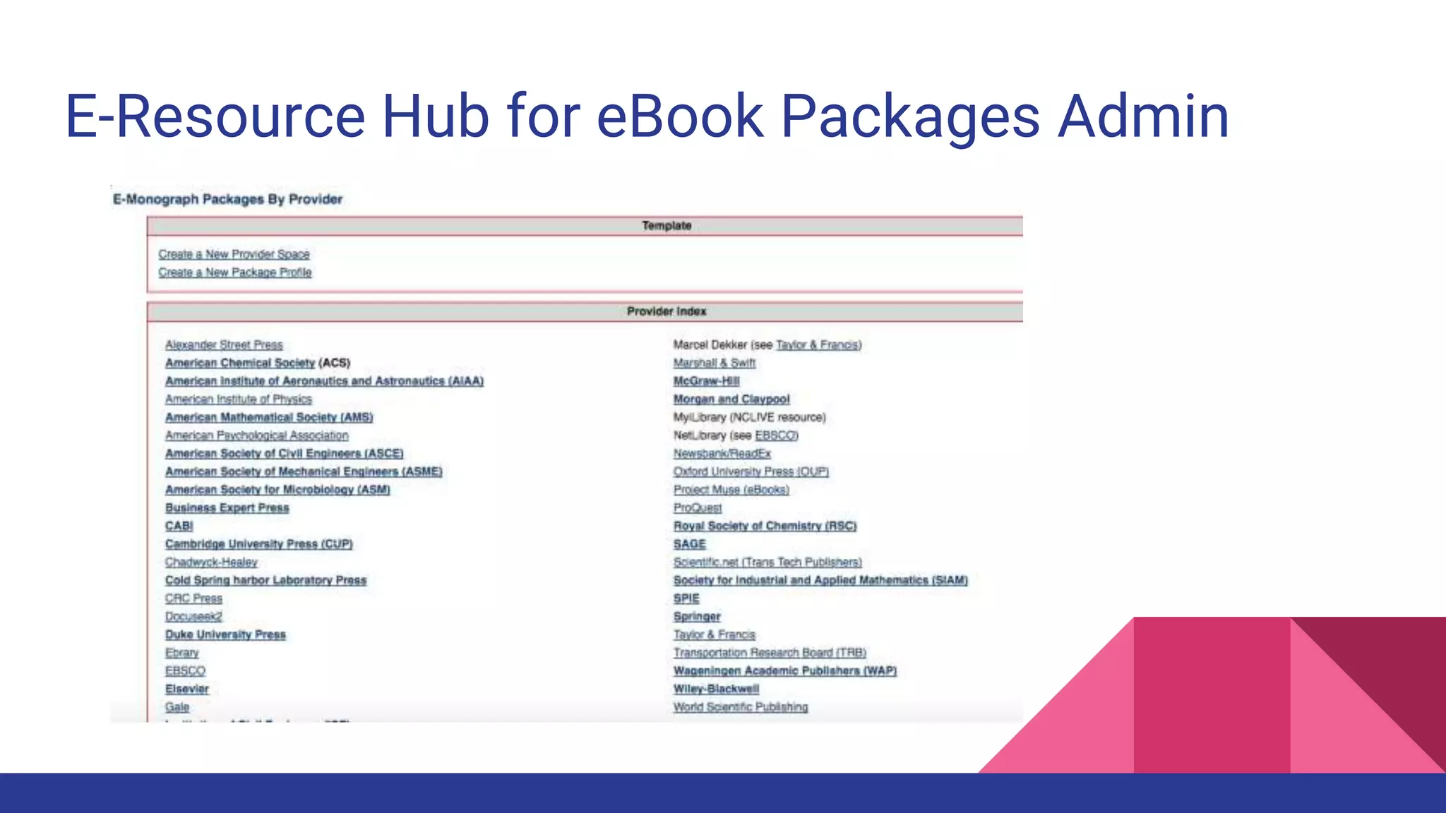 E-Resource Hub for eBook Packages Admin
 