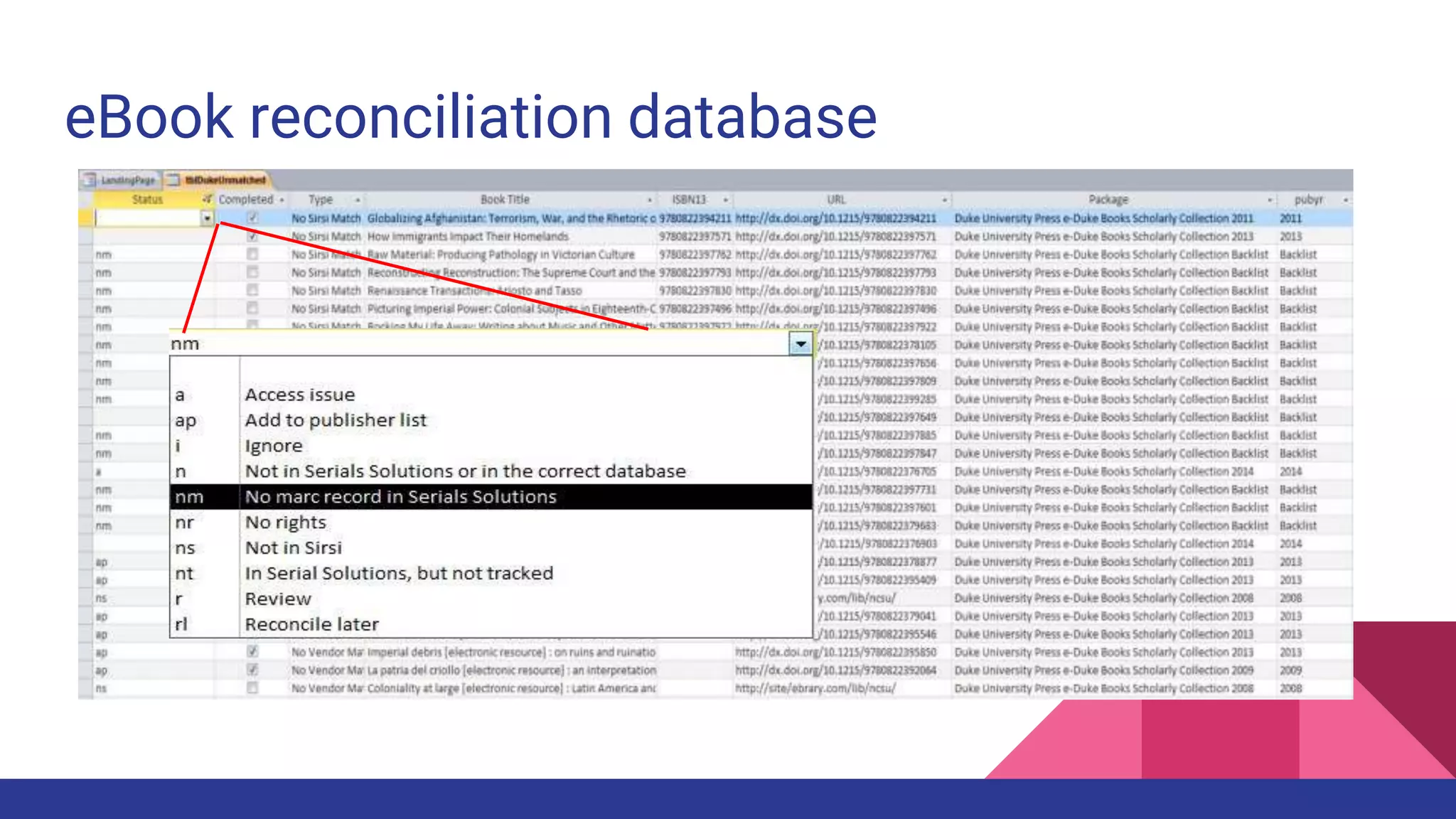 eBook reconciliation database
 