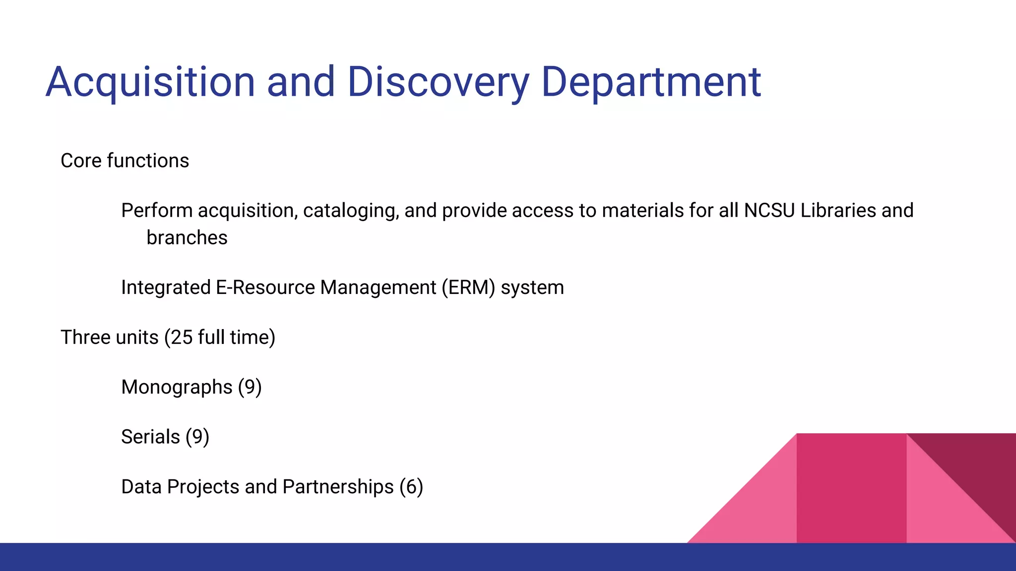 Acquisition and Discovery Department
Core functions
Perform acquisition, cataloging, and provide access to materials for all NCSU Libraries and
branches
Integrated E-Resource Management (ERM) system
Three units (25 full time)
Monographs (9)
Serials (9)
Data Projects and Partnerships (6)
 
