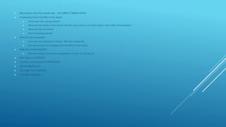  Recognize what the needs are. DO DIRECT OBSERVATION.
 Understand the CULTURE of the Team.
 What were they doing before?
 What was the history of the team? Did they just come out of other project with similar characteristics
 What are the hot buttons
 How to engage people
 VISUALS are important.
 How can we capitalize on visuals. We’ll be sharing this.
 How do we show our progress and the effects that it gives
 Rally the MANAGEMENT
 The team needs to see the management involve. No Lip Service
 We need a CADENCE.
 Create a conducive ENVIRONMENT
 SEE the Big Picture
 Manage the CHANGES
 Manage Interrupts
 