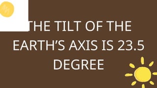 THE TILT OF THE
EARTH’S AXIS IS 23.5
DEGREE
 