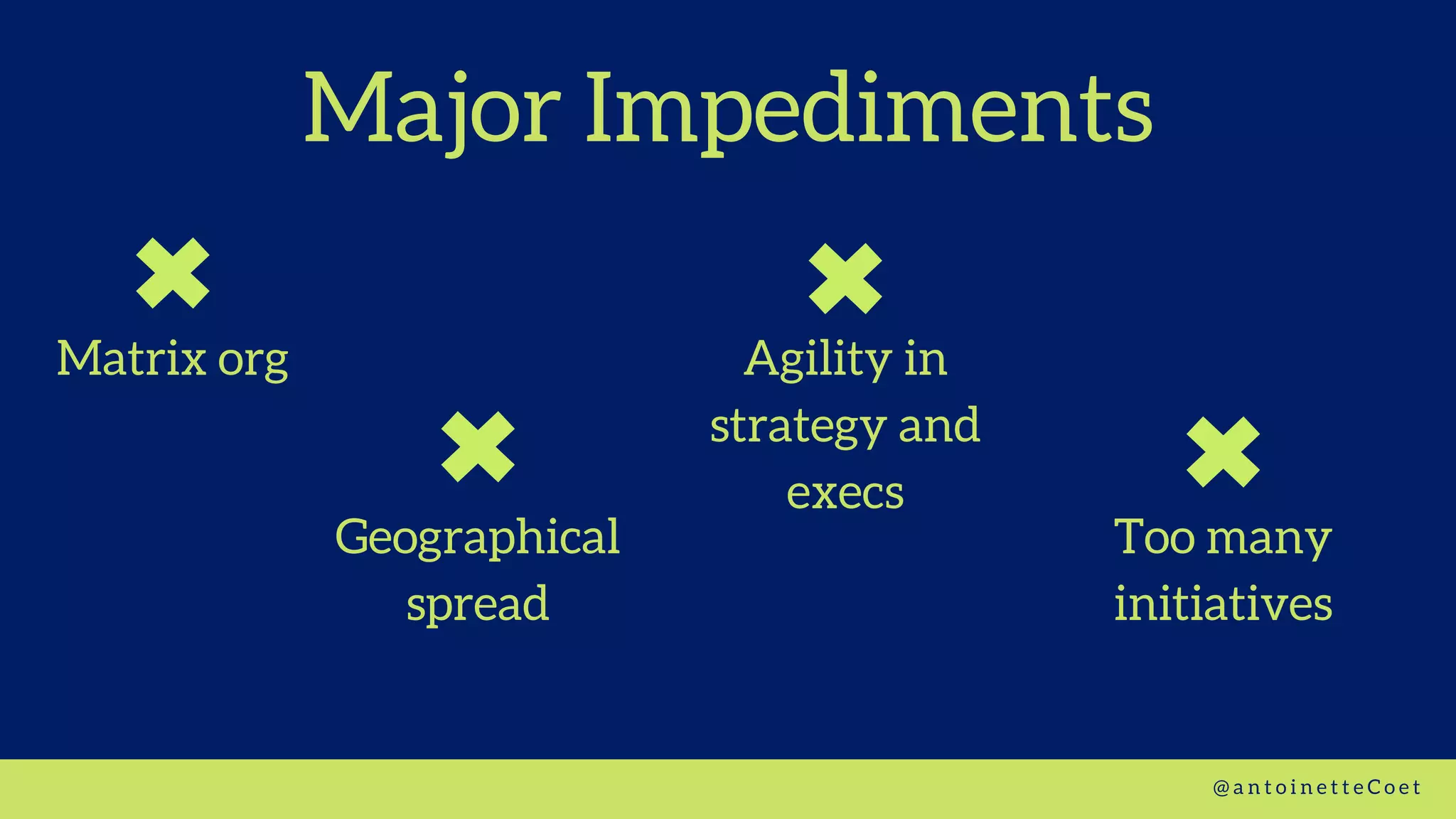 Major Impediments
Geographical
spread
Matrix org Agility in
strategy and
execs
Too many
initiatives
@ a n t o i n e t t e C o e t
 