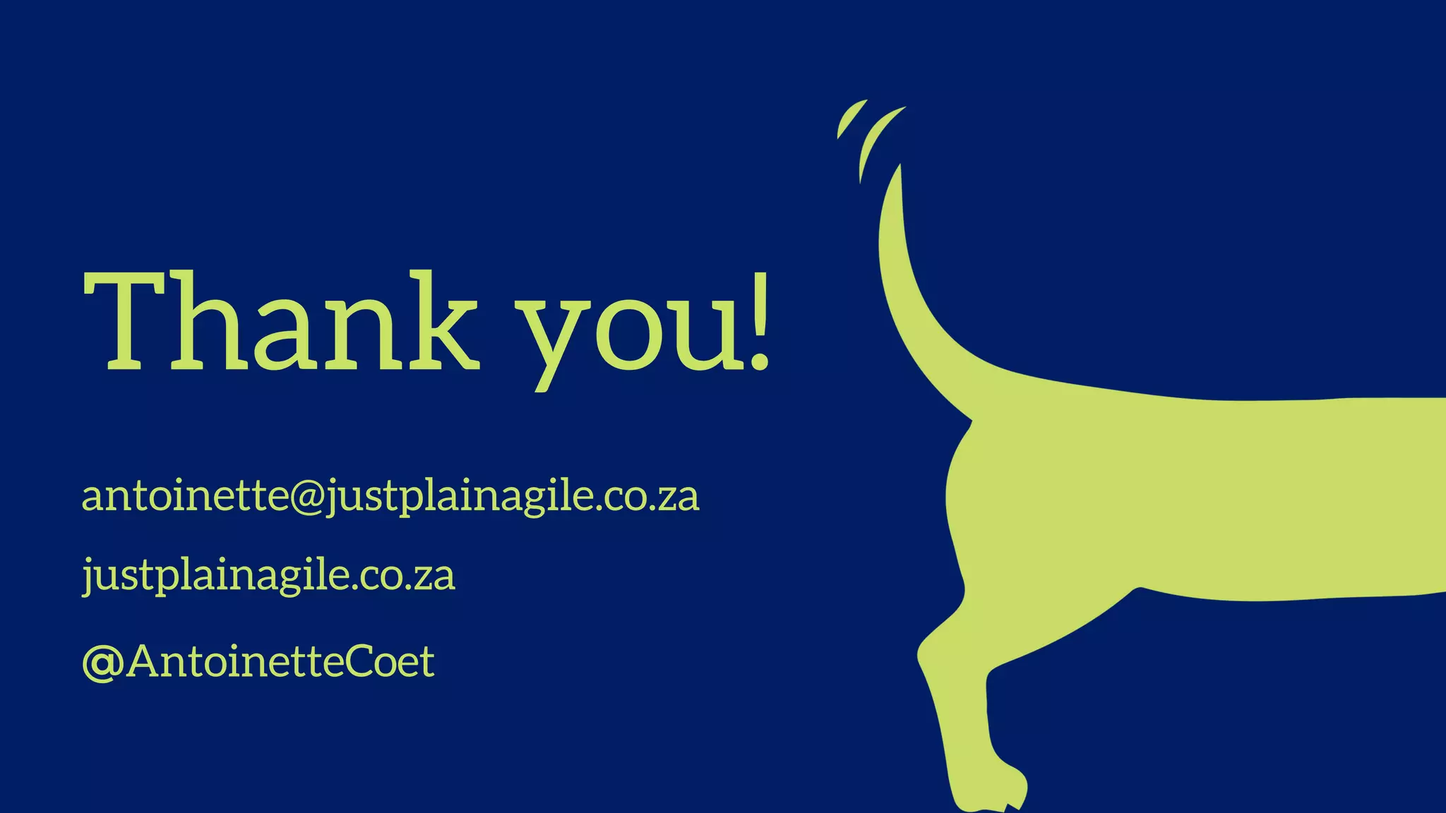 Thank you!
antoinette@justplainagile.co.za
justplainagile.co.za
@AntoinetteCoet
 