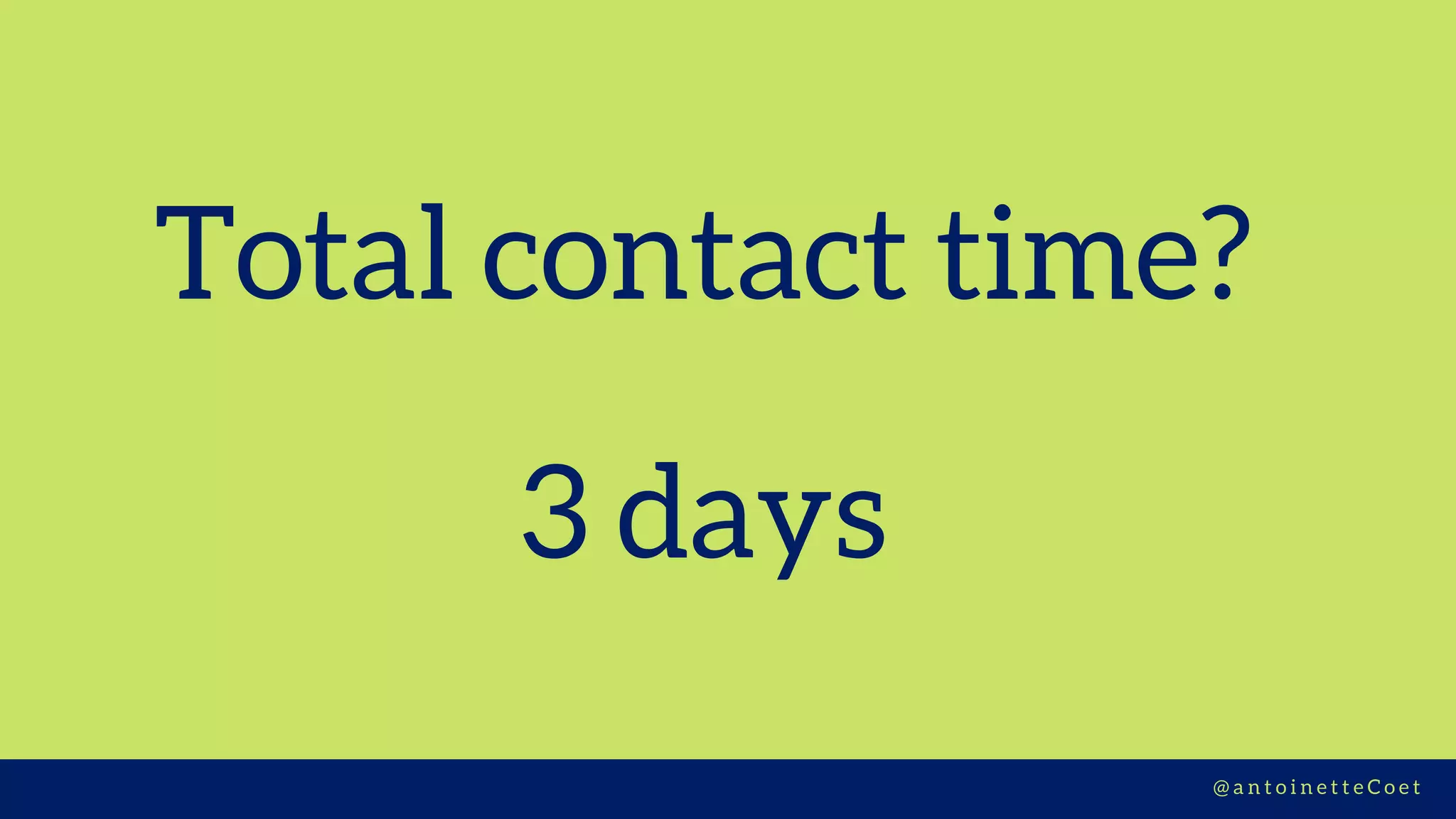 Z I M C O R E H U B S | D E S I G N T H I N K I N G
Total contact time?
3 days
@ a n t o i n e t t e C o e t
 