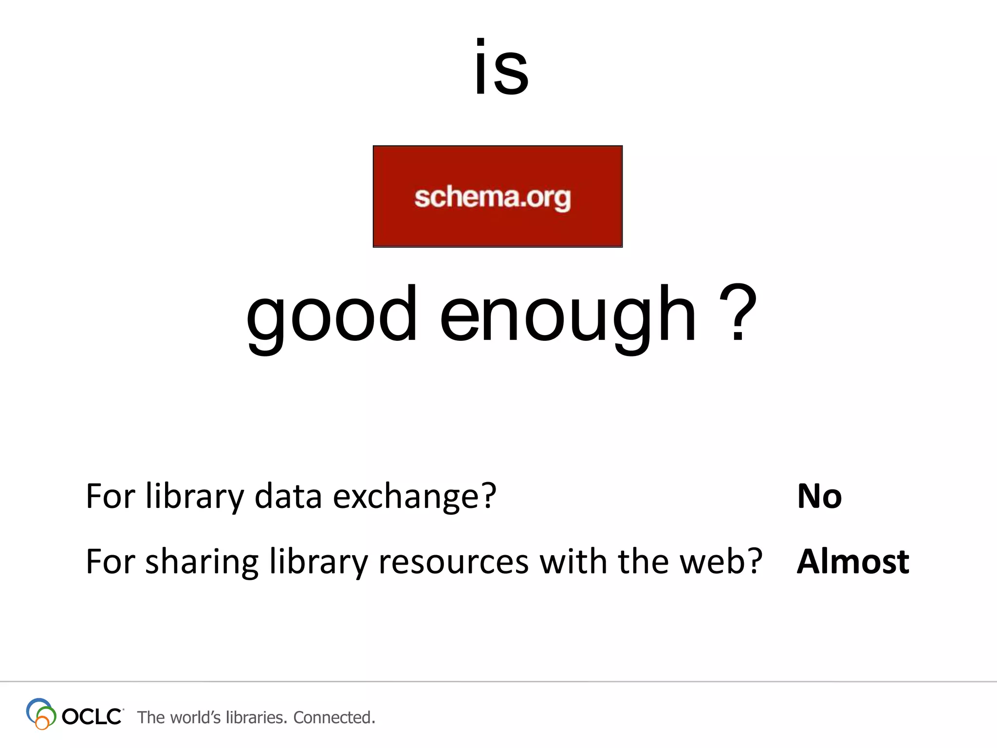 is
good enough ?
For library data exchange?

No

For sharing library resources with the web? Almost

The world’s libraries. Connected.

 