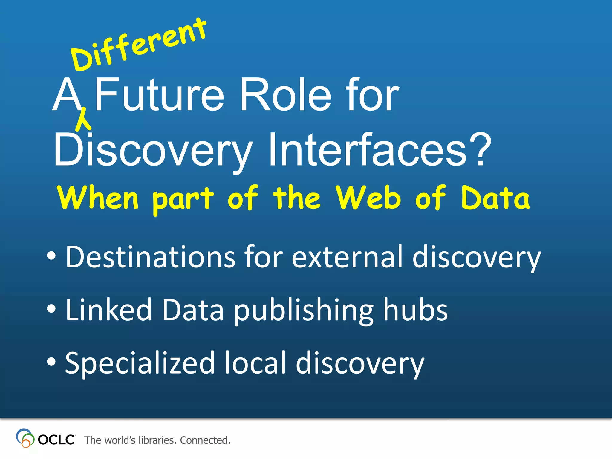 A Future Role for
Discovery Interfaces?

When part of the Web of Data

• Destinations for external discovery
• Linked Data publishing hubs

• Specialized local discovery
The world’s libraries. Connected.

 