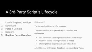 Critical path!
The library should be there for a reason.
This reason will do work periodically or based on user
interactions.
● SPA framework updating the view after a route change
● Analytics scripts sending beacons at onload
● Charting library responding to user interactions
All will be done on the main thread can can cause Long Tasks.
1. Loader Snippet / <script>
2. Download
3. Parse + Compile
4. Initialize
5. Runtime / event handlers
A 3rd-Party Script’s Lifecycle
 
