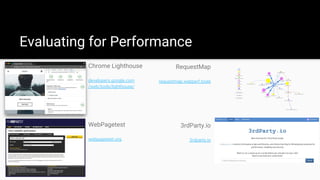 Chrome Lighthouse
developers.google.com
/web/tools/lighthouse/
Evaluating for Performance
RequestMap
requestmap.webperf.tools
WebPagetest
webpagetest.org
3rdParty.io
3rdparty.io
 