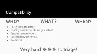 WHO?
Compatibility
● Rarely tested together
● Loading order is not always guaranteed
● Opaque release cycle
● Patched browser APIs ☠
● Polyfills ☠
WHAT? WHEN?
Very hard to triage!
 