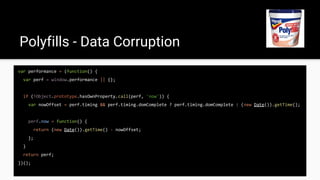 var performance = (function() {
var perf = window.performance || {};
if (!Object.prototype.hasOwnProperty.call(perf, 'now')) {
var nowOffset = perf.timing && perf.timing.domComplete ? perf.timing.domComplete : (new Date()).getTime();
perf.now = function() {
return (new Date()).getTime() - nowOffset;
};
}
return perf;
})();
Polyfills - Data Corruption
 